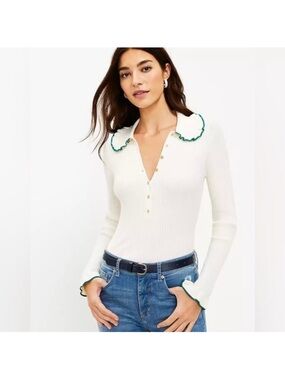 LOFT White Ribbed Henley Top with Green Trim